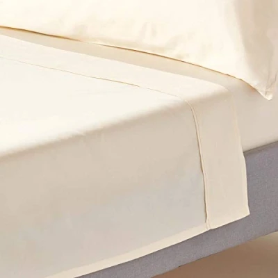 Image of HOMESCAPES Cream Pure Organic Cotton Flat Sheet Double 400TC 600 Thread Count Equivalent Bed
