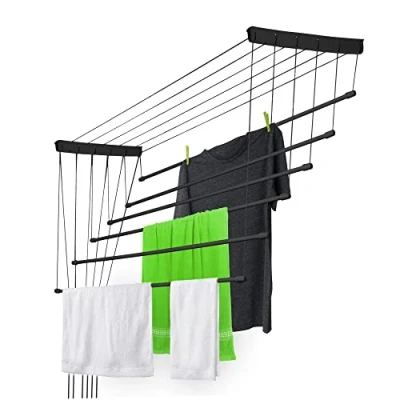 Image of KADAX Ceiling Clothes Airer, Mounted Drying Rack with Steel Rods for Bathroom, Laundry Dryer Indoor and Outdoor Use (Black, 6 x 130 cm)