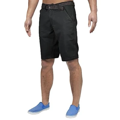 Image of True Face Men Shorts Stretchable Chino Cotton Slim Fit Zip Fly Summer Half Pants with Belt Casual Knee Length Bottoms Pockets Black 36