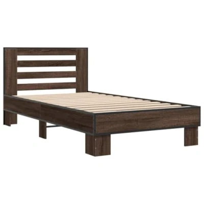 Image of vidaXL Brown Oak Engineered Wood/Metal Single Bed Frame 203x93x83.5 cm, Plywood Slats Support, Sturdy Metal Legs with Headboard