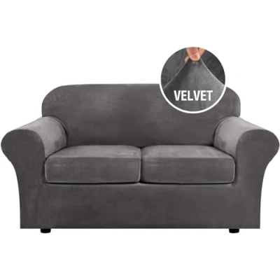 Image of LINGKY Velvet Sofa Cover 2 Seater With Separate Seat Cushion Covers, Stretch Couch Non Slip Slipcovers for Living Room Furniture Protector (Gray,2 Seater)
