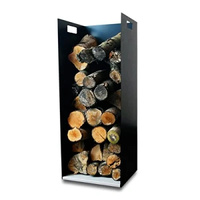 Image of Volcann Modern 82cm Tall Steel Firewood Log Store Fireplace Wood Holder Metal Basket with Handheld, Storage for Indoor Woodstove, Fireside Accessories (Goosewing Grey)