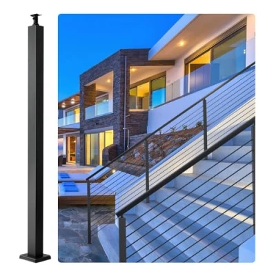 Image of VEVOR Cable Railing Post, 36&quot; x 2&quot; Steel Level Deck Post Without Holes, SUS304 Stainless Rail Stair Handrail with Horizontal and Curved Bracket, 1 Pack, Black