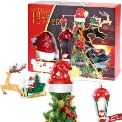 Image of URBNLIVING 80cm Christmas Tree Rotating Topper LED Sound Spinning Flying Santa &amp; Reindeer Sleigh Musical Ornament for Xmas Decoration Gift Home Décor Red Green