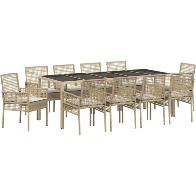 Image of vidaXL 11 Piece Garden Dining Set with Cushions Beige Poly Rattan