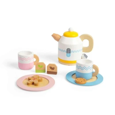 Image of Bigjigs Toys Wooden Tea Set For Two 10 Piece Children&#039;s Teatime Playset (with Kettle, Teabags &amp; Biscuits), Kids Toy Kitchen Accessories, Food Role Play, Gifts Toddlers, Age 18 Months Old +