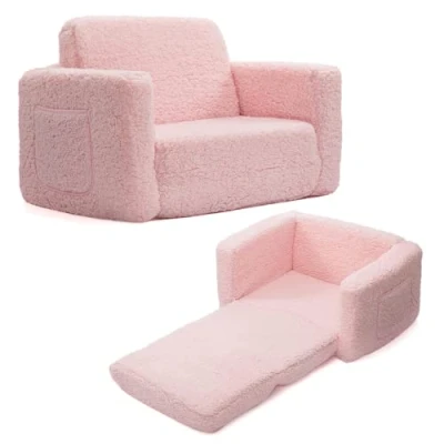 Image of BEJOY Kids Sofa Bed 2 in 1 Flip Out Cuddly Sherpa Toddler Couch Convertible to Lounger Children Children&#039;s Day and Birthday Gift for Girls Boys, Pink