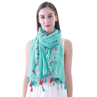 Image of Lina &amp; Lily Embroidered Floral Tassel Scarf Shawl Lightweight (Turquoise)
