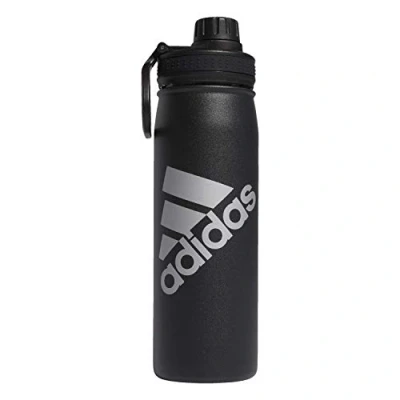 Image of adidas 600 Ml (20 Oz) Metal Water Bottle, Hot/Cold Double Walled Insulated 18/8 Stainless Steel, Black/Silver Metallic, 20.3 Ounces