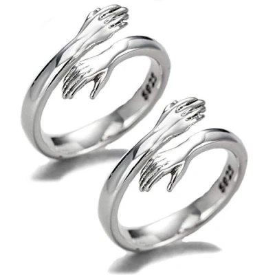 Image of 925 Sterling Silver hug Rings for Women, I Love You Forever Mother Gift Sister Gifts Engraved Words Hugging Hands Open Ring Friendship Jewelry (2PCS rings)