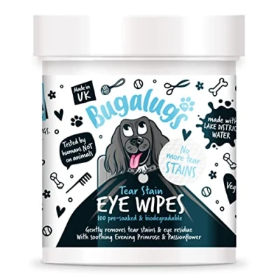 Image of BUGALUGS Dog Eye Wipes 100 Biodegradable textured pre soaked Wipes. Safe &amp; Easy Cleaning For Dogs Pet Remove Tear Stains, Crust Discharge