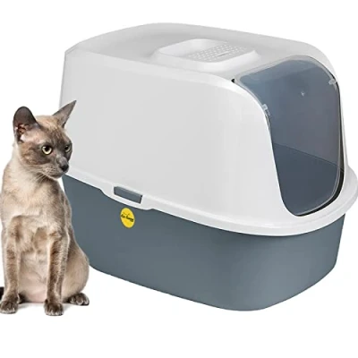 Image of CAT CENTRE Litter Tray Hooded Dark Grey Toilet Charcoal Filter Extra Deep Anti Spillage Kittens Cats Enclosed Box Pan Loo Flap Door Detachable Rim Rounded Corners Safe Durable