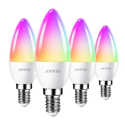 Image of ANWIO E14 Candle Smart WiFi LED Bulb, C37 Dimmable RGB Bulbs,470Lm, 5W Replace 40 Watt Alexa Light Bulb,Google Assistant,E14 Remote Control Bulb (4 Pack,Supports 2.4g WiFi)