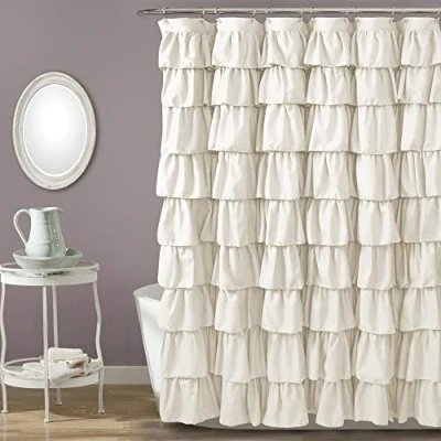 Image of Lush Decor, Ivory Ruffle Shower Curtain Floral Textured Shabby Chic Farmhouse Style Design, 72 x