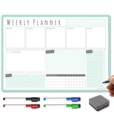 Image of TMS A3 Weekly Planner Whiteboard Magnetic Calendar for Fridge and Dry Wipe Pens Meal or Family Kitchen (Mint, WEEKLY)