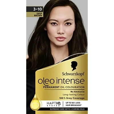 Image of Schwarzkopf Oleo Intense Permanent Oil Colour 3 10 Deep Brown Hair Dye, 100% Grey Coverage, Conditioner with HaptIQ System, Long Lasting Colour, Ammonia Free Dye