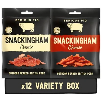 Image of SERIOUS PIG Snackingham Cured Pork Snack High Protein 12 Pack Variety Savoury Pub Snacks