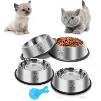 Image of Stainless Steel Cat Bowl, 4 Pack Metal Dog Bowls for Food and Water, Non Slip Pet Feeding Dish Bowl With Rubber Base indoor Cats Small Dogs