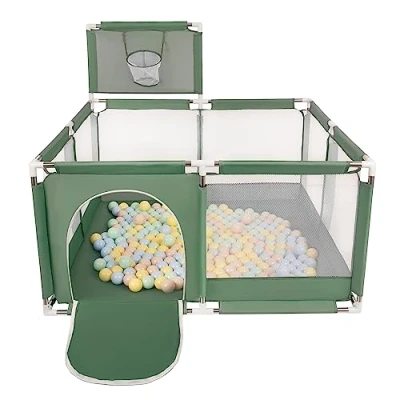 Image of Selonis Square Play Pen Filed with 100 Balls Basketball, Green:Pastel Beige/Pastel Blue/Pastel Yellow/Mint