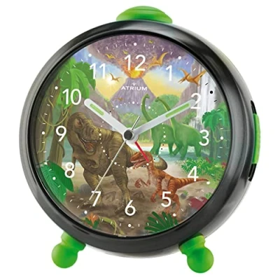 Image of Atrium Children&#039;s Alarm Clock Boys T Rex Time Dinosaur Black Green Analogue Quartz No Ticking with Light and Snooze A932 4