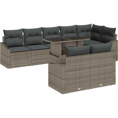 Image of vidaXL 9 Piece Garden Sofa Set with Cushions Grey Poly Rattan