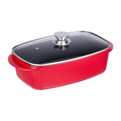 Image of Relaxdays Dish with Glass Lid, 5 Litre Capacity, Coated Universal Roaster, Aluminium, Electric &amp; Gas Hob, Red, 16 x 39.5 22 cm
