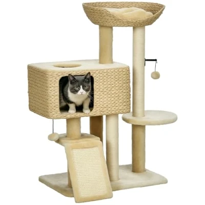 Image of PawHut 95cm Cat Tree for Indoor Cats, Tower with Scratching Posts, Ramp, Condo, Toy Balls, Platform, Bed, Ramp Beige