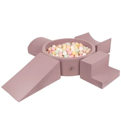Image of KiddyMoon Foam Playground For Kids With Round Ballpit (200 Balls ∅ 7Cm/2.75In) Soft Obstacles Course And Ball Pool, Heather: Pastel Beige/Pastel Yellow/White/Mint/Powder Pink