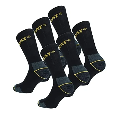 Image of CAT 6 pairs Men&#039;s Work Socks Reinforced on Heel and Toe with Weft CATERPILLAR Yarn of Excellent Quality Cotton Sponge (Black, 9)