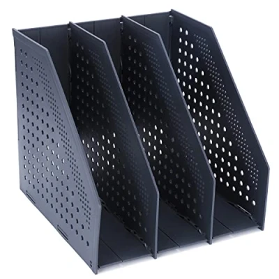 Image of FRETONBA Magazine Rack Folding Bookshelf, File Holder Vertical with 3 Compartments, Book for Office Storage and Organiser, Desktop Bookshelf School, Library, Office, Dark Grey