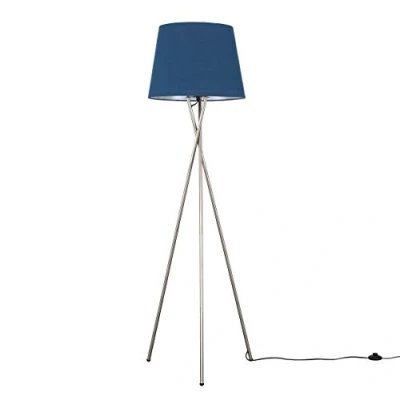 Image of MiniSun Modern Brushed Chrome Metal Tripod Floor Lamp with a Navy Blue Tapered Shade Complete 6w LED Bulb [3000K Warm White]