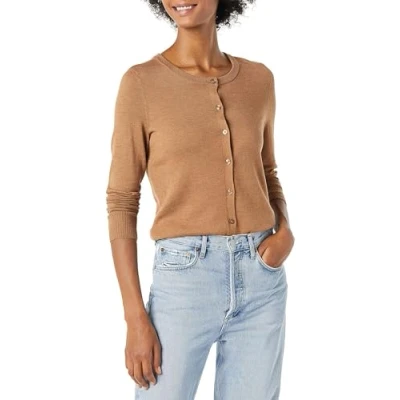 Image of Amazon Essentials Women&#039;s Lightweight Crewneck Cardigan Jumper (Available in Plus Size), Dark Camel, S