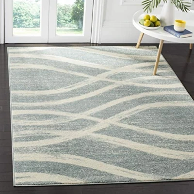 Image of SAFAVIEH Modern Wave Distressed Rug for Living Room, Dining Bedroom Adirondack Collection, Short Pile, in Cream and Slate, 122 X 183 cm