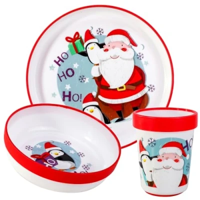 Image of Christmas Xmas 3pcs Reusable Bicolor Premium Kids Dinner Tableware Set Plate, Bowl &amp; Tumbler, BPA Free