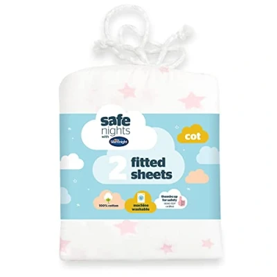 Image of Silentnight Safe Nights Cot Size Fitted Sheets Set 100% Jersey Cotton Bedside Compatible Pack of Two Pink Star Easy Care Super Soft Cuddly for Baby with Storage Bag (60cm x120cm x 12cm)