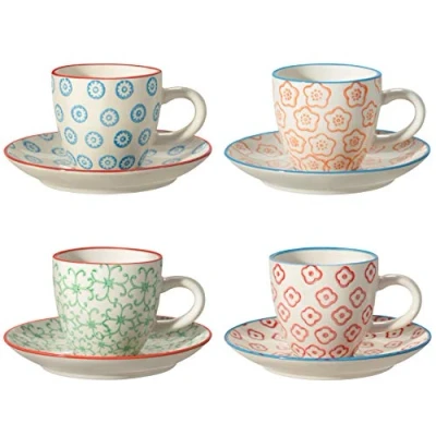 Image of Bloomingville Ceramic Espresso Cups with Saucer Emma Colorful Dia Cup 2.25&#039;&#039; H 2.5&#039;&#039; 4.5&#039;&#039; Content 2.8 fl oz 80 ml Set of 4 Styles, Stoneware,