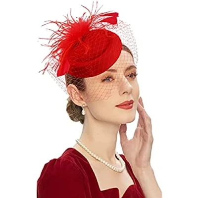 Image of DRESHOW Fascinator Hats for Women Pillbox Hat with Veil Headband and a Forked Clip Tea Party Headwear
