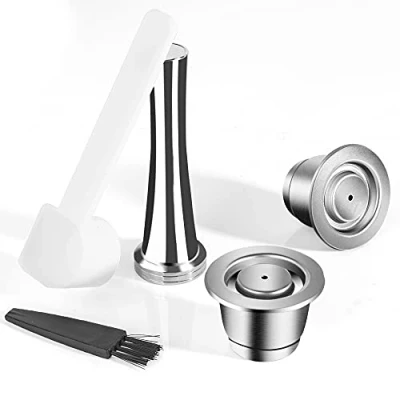 Image of RECAFIMIL Reusable Nespresso Capsules, 2 Pcs Coffee Capsules with Tamper Stainless Steel Refillable Pods Compatible for Machine (2 + 1 Spoon +1 Brush)