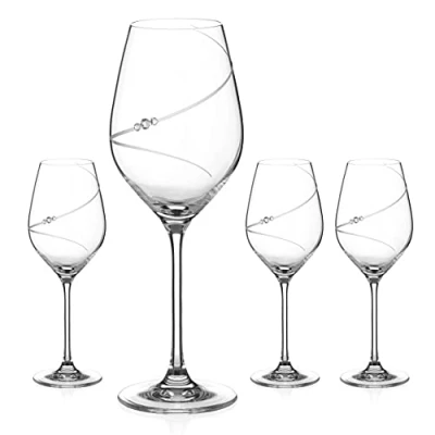 Image of DIAMANTE Swarovski White Wine Glasses &#039;Silhouette&#039; Hand Cut Design Embellished with Crystals Set of 4