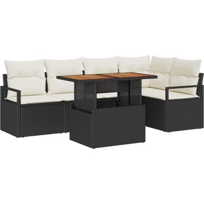 Image of vidaXL 6 Piece Garden Sofa Set with Cushions Black Poly Rattan Acacia