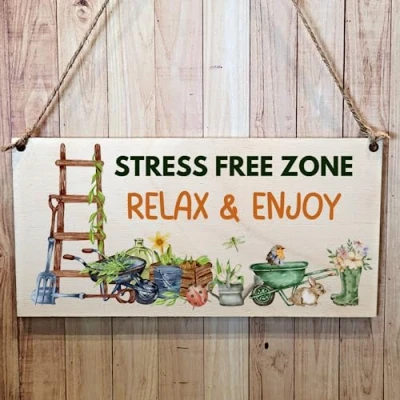 Image of Second Ave Funny Garden Stress Free Zone Wooden Hanging Gift Rectangle Sign Plaque