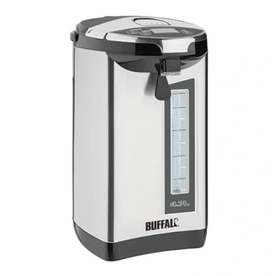 Image of Buffalo Hands Free 750 W Electric Airpot 4.7 Litre, Silver, Temperature Select: 40, 50, 60, 85 or 98C (Boils to 100C Stays Warm at 98), Boil Dry Safety, Size: 370(H) x215(Dia) mm, HF155