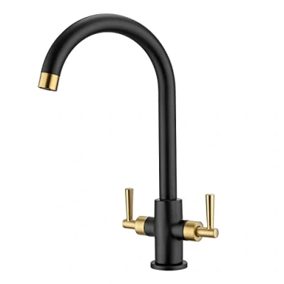 Image of Peppermint Kitchen Tap Dual Lever Monobloc Mixer Taps 1 Hole Matt Black and Brushed Gold Sink Twin Swan Neck