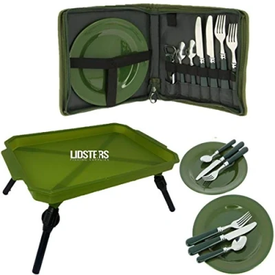 Image of NGT 600 Deluxe Carp Fishing Camping Picnic Day Cutlery Set + Green Bivvy Table