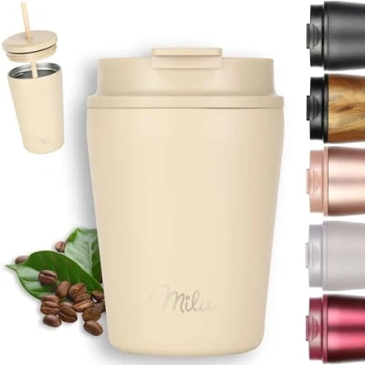 Image of Milu Thermo Mug 300ml 100% Leak Proof Stainless Steel Coffee to go Insulated with Straw Keeps hot for 10h / Cold 20h, BPA Free (Cream, 300ml)