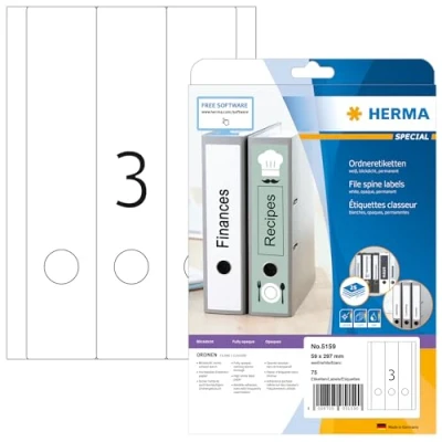 Image of HERMA Self Adhesive Spine Labels, 3 Labels per A4 Sheet, 25 Sheets, 59 x 297 mm, 75 Blank Lever Arch File Folder Stickers, Sticky for Laser &amp; Inkjet Printer, White