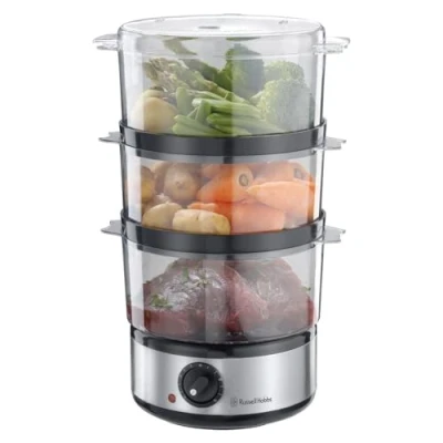 Image of Russell Hobbs 3 Tier Electric Food Steamer, 7L, Stackable baskets for easy storage, Dishwasher safe BPA free baskets, Rice bowl inc, 60 min timer, Healthy eating, Energy saving, 400W, 14453