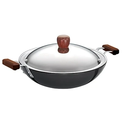 Image of Futura Hard Anodised Deep Fry Pan(Kadhai) 3 3/4 Litre with Steel Lid and Flat Bottom