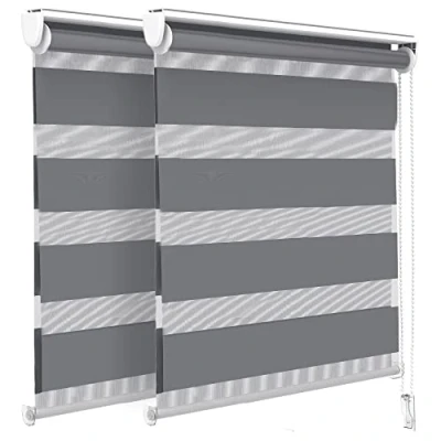 Image of VOUNOT Set of 2 Zebra Roller Blind Double Fabric, Day and Night Translucent or Blackout Vision Curtains, No Drilling for Window Door, Grey, 90 x 150 cm