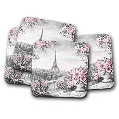 Image of 4 Set Pretty Eiffel Tower Coaster Paris France Pink Roses Flower #14816